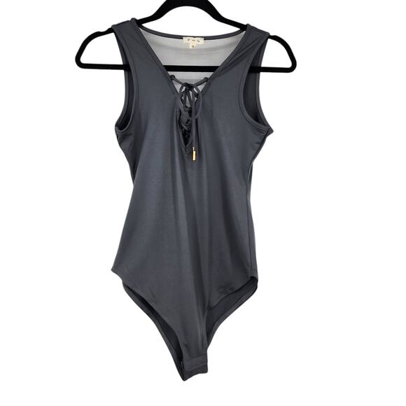 POL Gray Front Tie Sleeveless Snap Front Bodysuit - Small - Picture 1 of 5